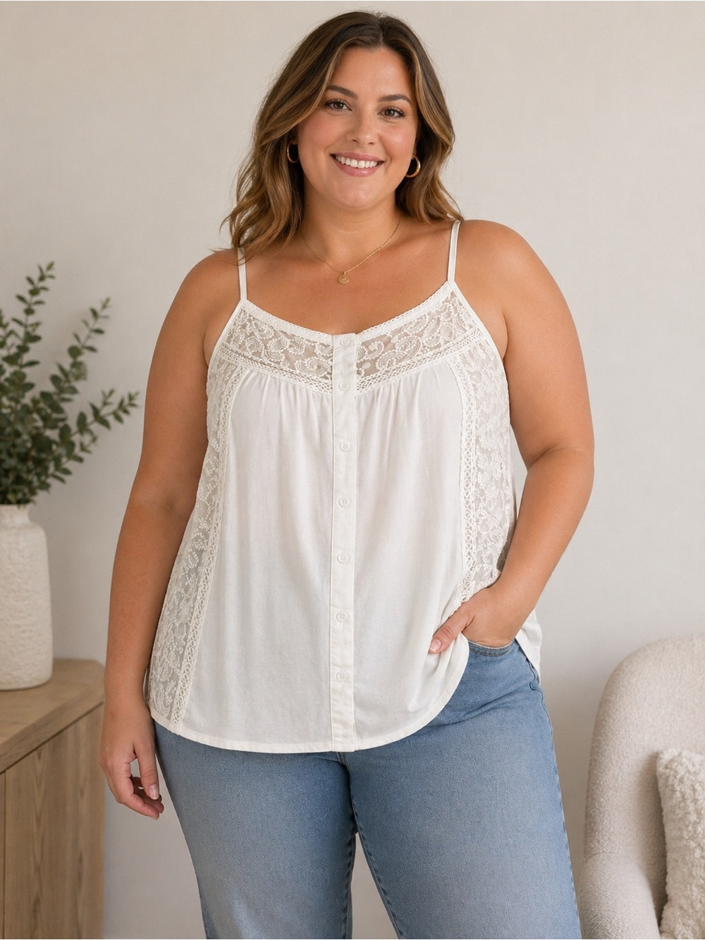 Elegant White Lace Trim Women's Top